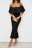 Sexy Prom Dropped Shoulder Ruffle Sleeve Cinch Waist Mermaid Hem Party Formal Bodycon Midi Dresses