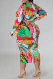 Casual Leaf Tropical Print O Neck Long Sleeve Belt Plus Size Vacation Bodycon Midi Dresses