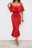 Sexy Prom Dropped Shoulder Ruffle Sleeve Cinch Waist Mermaid Hem Party Formal Bodycon Midi Dresses