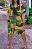 Casual Graphics Print Basic V Neck Short Sleeve Loose Pockets Midi T-shirt Dress