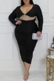 Sexy Party Formal V Neck Long Sleeve Fringed Trim Hollow Out Evening Plus Size Bodycon Midi Dresses