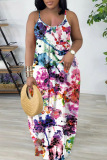 Sexy Graphics Print Backless Sleeveless Spaghetti Strap Baggy Loose Vacation Long Slip Maxi Dresses