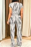 Casual Colorblock Print O Neck Short Sleeve Pocket Crop T-shirt And Straight Leg Pants Two Pieces Trouser Sets