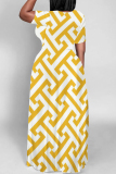 Casual Geometric Print O Neck Short Sleeve Pockets Floor Length Long Baggy Maxi Dress