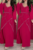 Casual Hot Drilling V Neck Long Sleeve Chiffon Slit Cinch Waist Formal Vacation Long A Line Maxi Dresses