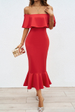 Sexy Prom Dropped Shoulder Ruffle Sleeve Cinch Waist Mermaid Hem Party Formal Bodycon Midi Dresses