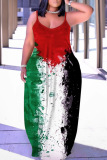 Sexy Flag Print Backless Sleeveless Spaghetti Strap Floor Length Baggy Slip Maxi Dress