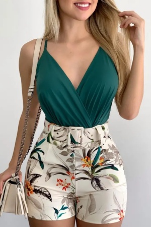 Sexy Floral Print Backless V Neck Sleeveless With Belt Cami Tops And Slim Fit Shorts Vacation Two Pieces Shorts Sets