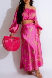 Casual Floral Print Off Shoulder  Lantern Sleeve Crop Tops And Maxi Skirts Vacation Two Pieces Dress Sets