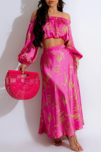 Casual Floral Print Off Shoulder  Lantern Sleeve Crop Tops And Maxi Skirts Vacation Two Pieces Dress Sets