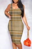 Casual Pattern Print U Neck Sleeveless Contrast Bodycon Midi Tank Dresses