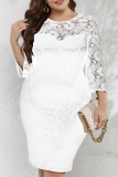 Casual Lace Flower Print O Neck Long Sleeve See-Through Wrapped Skirt Formal Plus Size Midi Dresses