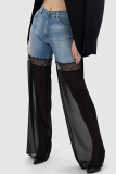 Casual Lace Patchwork Spliced Mid Waist Straight Leg Denim Jeans