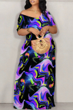 Casual Pattern Print Off Shoulder Short Sleeve Loose Floor Lengh Contrast Vacation Maxi Dresses