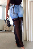 Casual Lace Patchwork Spliced Mid Waist Straight Leg Denim Jeans