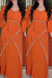 Casual Hot Drilling V Neck Long Sleeve Chiffon Slit Cinch Waist Formal Vacation Long A Line Maxi Dresses