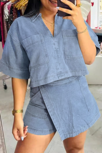 Casual Polo Collar Short Sleeves Pocket Denim Crop Tops And Irregular Hem Shorts Two Pieces Shorts Sets