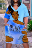 Casual Figure Print V Neck Short Sleeve With Pockets Baggy T Shirt Midi Dress