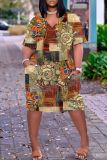 Casual Graphics Print Basic V Neck Short Sleeve Loose Pockets Midi T-shirt Dress