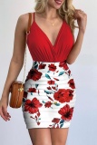 Casual Floral Print Backless V Neck Sleeveless Cami Tops Ruched Mini Skirts Vacation Two Pieces Dress Sets