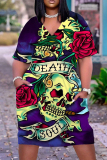 Casual Skull Head Print V Neck Short Sleeve With Pockets Baggy T-shirt Midi Dress