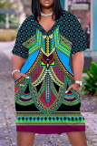 Casual Graphics Print V Neck Short Sleeve Baggy T-shirt Midi Dress