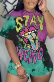 Casual Tie Dye Print Basic O Neck Short Sleeve  Oversize T-shirt And Shorts Two Pieces Shorts Sets
