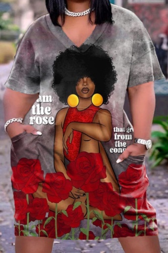 Casual Figure Print V Neck Short Sleeve Baggy T-shirt Midi Dress