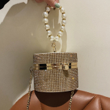 Casual Evening Party Rhinestone Chains Pearls Decor Handles Female Purses and Handbags Small Shoulder Bag