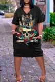 Casual Skull Head Print V Neck Short Sleeve With Pockets Baggy T-shirt Midi Dress