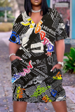 Casual Graphics Print V Neck Short Sleeve Baggy T-shirt Midi Dress