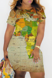 Casual Map Printing  Neck Short Sleeve Baggy T-shirt Midi Dress
