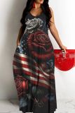 Casual Flag Star Print Backless Sleeveless Spaghetti Strap Vacation Baggy Long Slip Maxi Dress