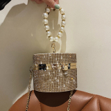 Casual Evening Party Rhinestone Chains Pearls Decor Handles Female Purses and Handbags Small Shoulder Bag