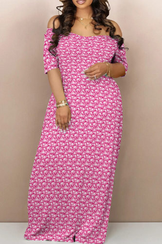 Casual Floral Print Backless Off Shoulder Short Sleeve Baggy Floor Length Long Maxi Dresses