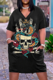 Casual Skull Head Print V Neck Short Sleeve With Pockets Baggy T-shirt Midi Dress