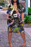 Casual Graphics Print V Neck Short Sleeve Baggy T-shirt Midi Dress