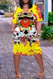 Casual Skull Head Print V Neck Short Sleeve With Pockets Baggy T-shirt Midi Dress