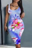 Casual Floral Print Basic Sleeveless U Neck Vest Bodycon Tank Midi Dresses