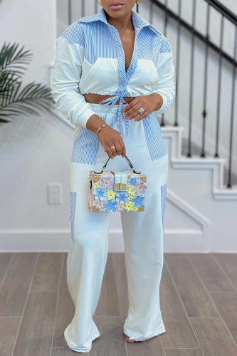 Casual Stripe Print Turndown Collar Long Sleeve Belt Crop Shirts And Wide Leg Pants Two Pieces Trouser Sets