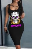 Casual Skull Head Print Basic U Neck Vest Bosycon Tank Midi Dresses