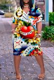 Casual Skull Head Print V Neck Short Sleeve With Pockets Baggy T-shirt Midi Dress