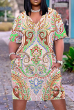 Casual Graphics Print V Neck Short Sleeve Baggy T-shirt Midi Dress