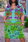 Casual Graphics Print V Neck Short Sleeve Baggy T-shirt Midi Dress