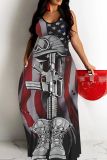 Casual Flag Star Print Backless Sleeveless Spaghetti Strap Vacation Baggy Long Slip Maxi Dress