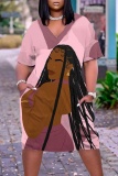 Casual Graphics Print V Neck Short Sleeve Pockets Baggy T-shirts Midi Dress