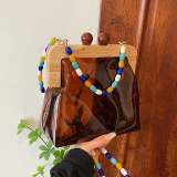 Vintage Wood Turn Chain PU Shell Crossbody Handbag