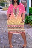 Casual Graphics Print V Neck Short Sleeve Baggy T-shirt Midi Dress