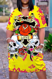 Casual Skull Head Print V Neck Short Sleeve With Pockets Baggy T-shirt Midi Dress
