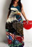 Casual Flag Star Print Backless Sleeveless Spaghetti Strap Vacation Baggy Long Slip Maxi Dress